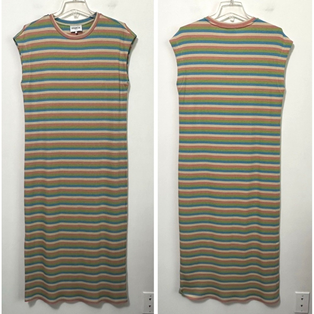 Frnch‎ Paris Antonello Dress M Midi Vert Stripes Knit Cap Sleeve Casual Boho